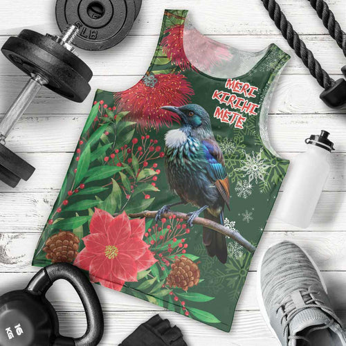 Tui Meri Kirihimete Personalised Men Tank Top Pohutukawa Flowers Green Motif - Aussie Hoodie