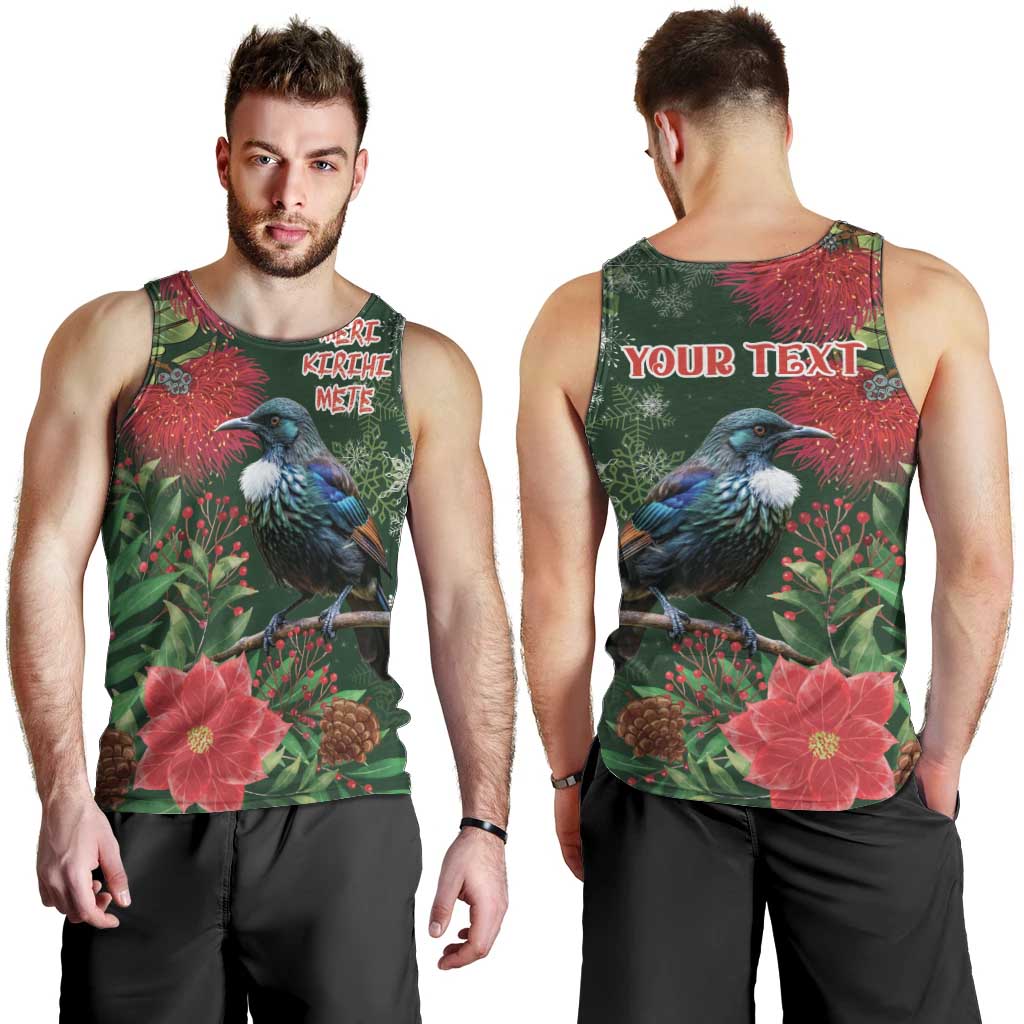 Tui Meri Kirihimete Personalised Men Tank Top Pohutukawa Flowers Green Motif - Aussie Hoodie