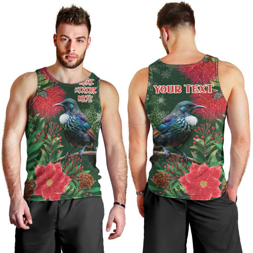 Tui Meri Kirihimete Personalised Men Tank Top Pohutukawa Flowers Green Motif - Aussie Hoodie