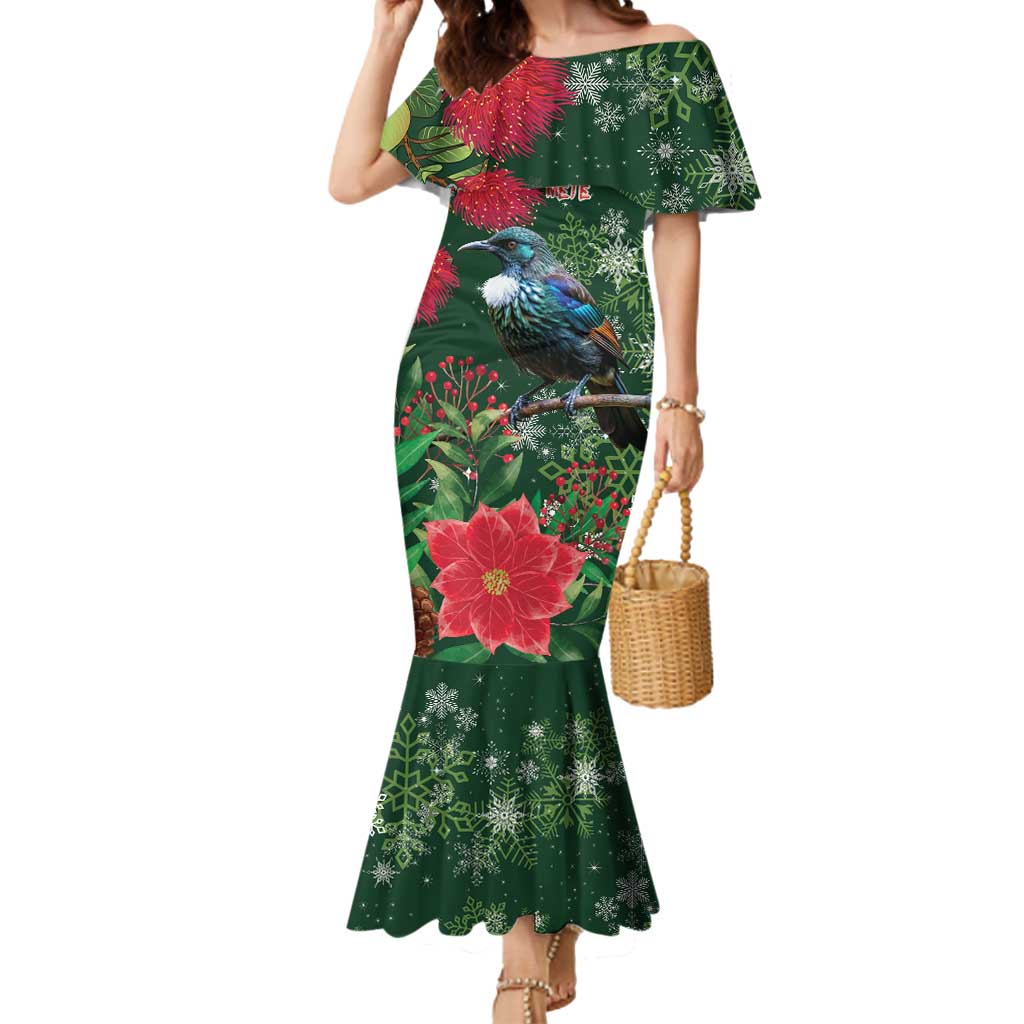 Tui Meri Kirihimete Personalised Mermaid Dress Pohutukawa Flowers Green Motif - Aussie Hoodie