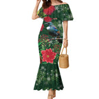 Tui Meri Kirihimete Personalised Mermaid Dress Pohutukawa Flowers Green Motif - Aussie Hoodie