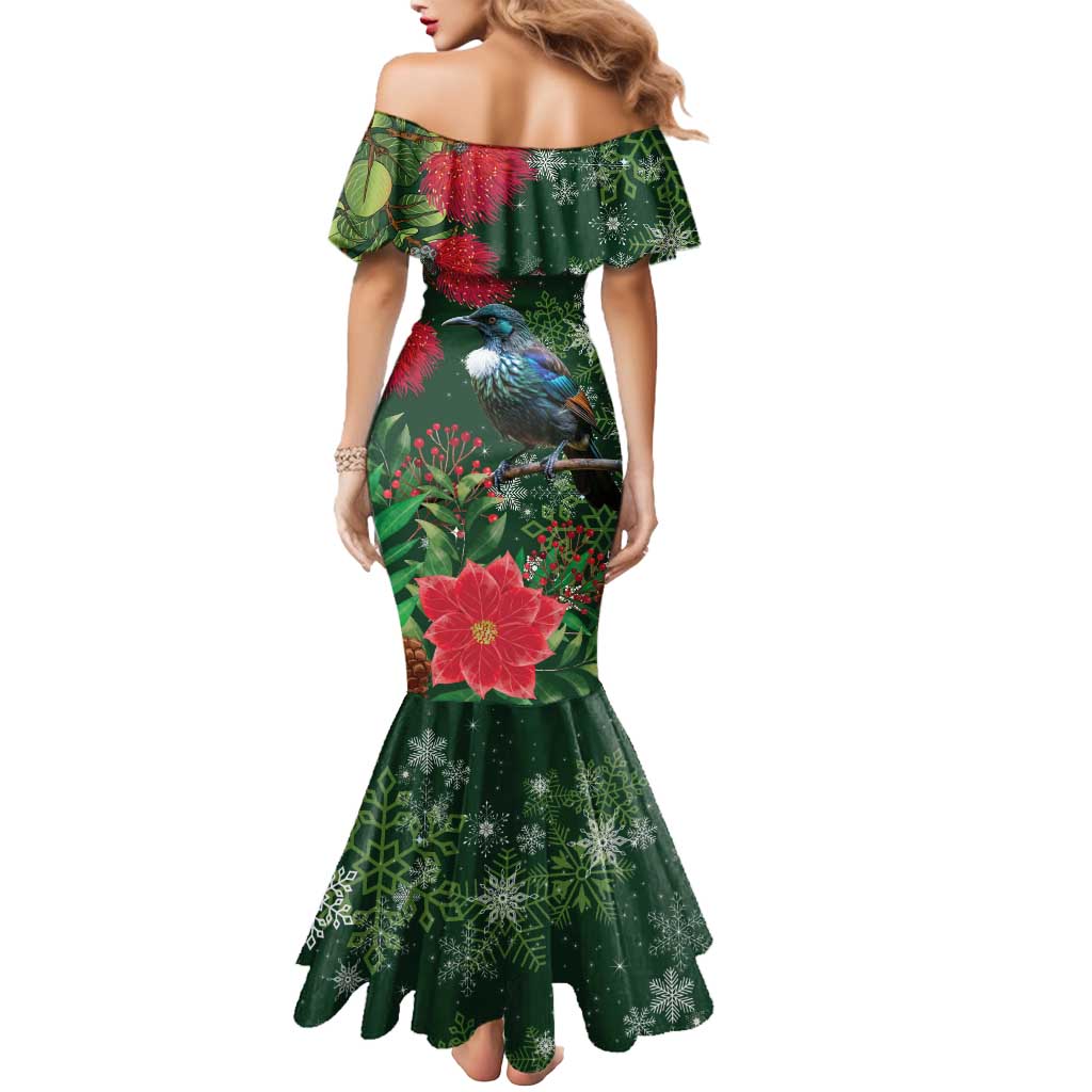Tui Meri Kirihimete Personalised Mermaid Dress Pohutukawa Flowers Green Motif - Aussie Hoodie