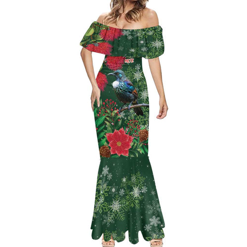 Tui Meri Kirihimete Personalised Mermaid Dress Pohutukawa Flowers Green Motif - Aussie Hoodie