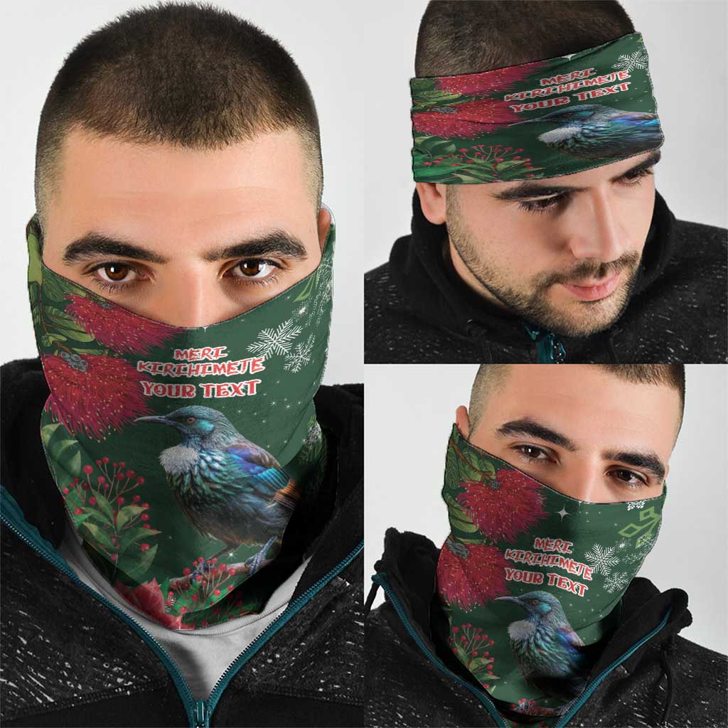 Tui Meri Kirihimete Personalised Neck Gaiter Pohutukawa Flowers Green Motif - Aussie Hoodie