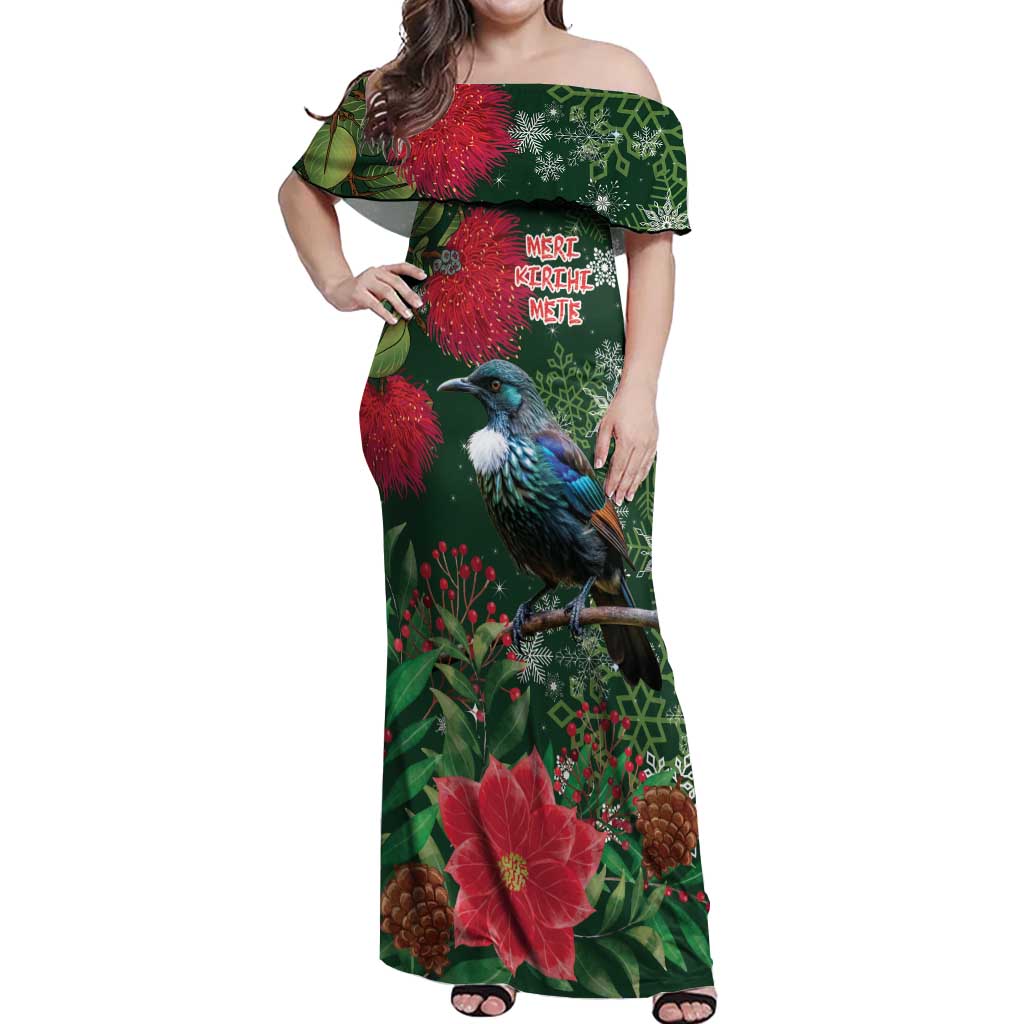 Tui Meri Kirihimete Personalised Off Shoulder Maxi Dress Pohutukawa Flowers Green Motif - Aussie Hoodie