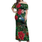 Tui Meri Kirihimete Personalised Off Shoulder Maxi Dress Pohutukawa Flowers Green Motif - Aussie Hoodie
