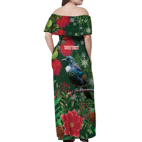 Tui Meri Kirihimete Personalised Off Shoulder Maxi Dress Pohutukawa Flowers Green Motif - Aussie Hoodie