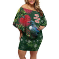 Tui Meri Kirihimete Personalised Off Shoulder Short Dress Pohutukawa Flowers Green Motif - Aussie Hoodie
