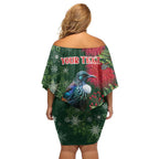Tui Meri Kirihimete Personalised Off Shoulder Short Dress Pohutukawa Flowers Green Motif - Aussie Hoodie