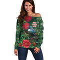 Tui Meri Kirihimete Personalised Off Shoulder Sweater Pohutukawa Flowers Green Motif - Aussie Hoodie