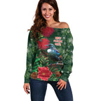 Tui Meri Kirihimete Personalised Off Shoulder Sweater Pohutukawa Flowers Green Motif - Aussie Hoodie