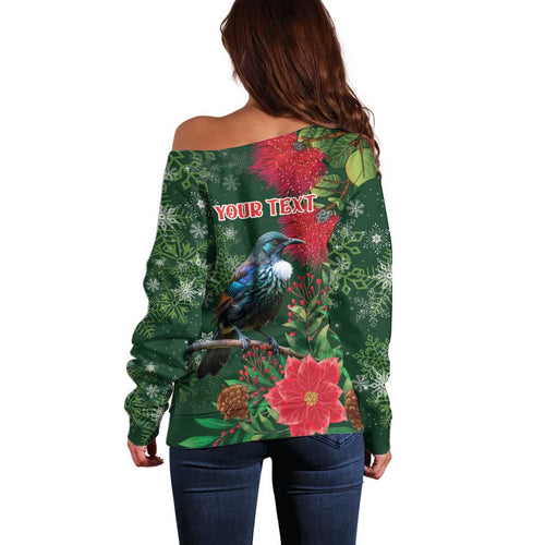 Tui Meri Kirihimete Personalised Off Shoulder Sweater Pohutukawa Flowers Green Motif - Aussie Hoodie