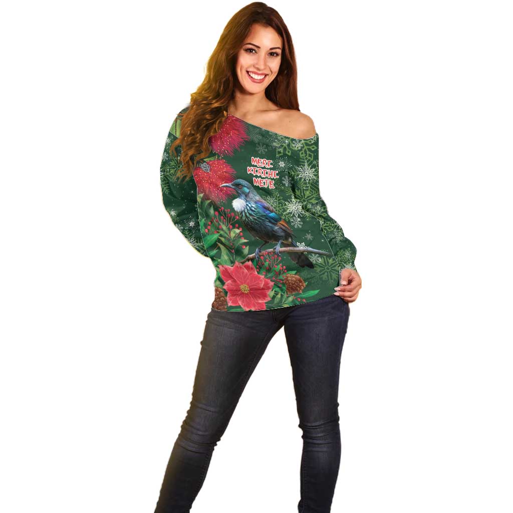 Tui Meri Kirihimete Personalised Off Shoulder Sweater Pohutukawa Flowers Green Motif - Aussie Hoodie