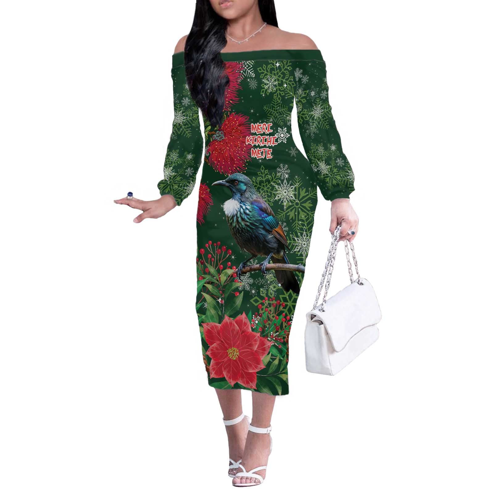 Tui Meri Kirihimete Personalised Off The Shoulder Long Sleeve Dress Pohutukawa Flowers Green Motif - Aussie Hoodie