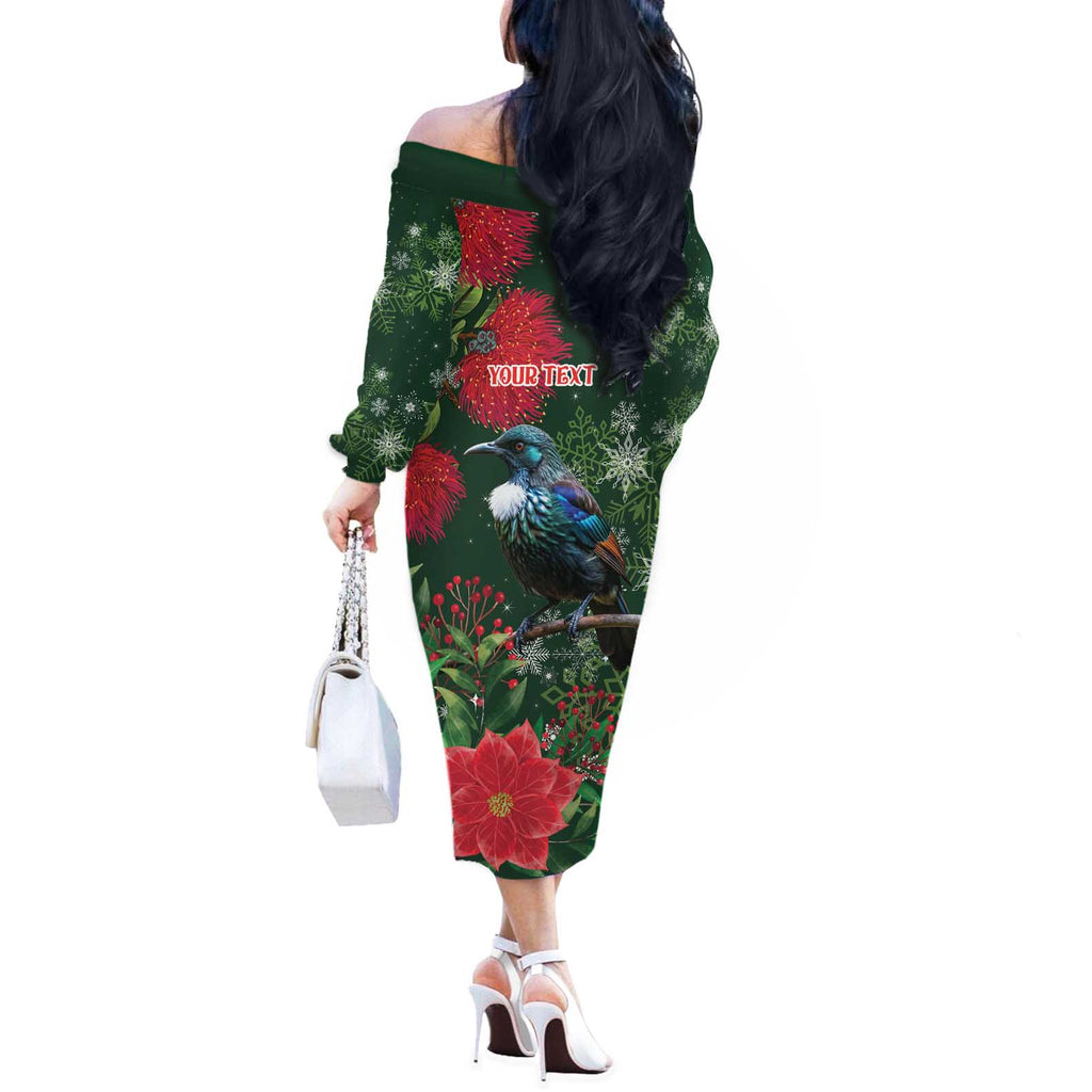Tui Meri Kirihimete Personalised Off The Shoulder Long Sleeve Dress Pohutukawa Flowers Green Motif - Aussie Hoodie