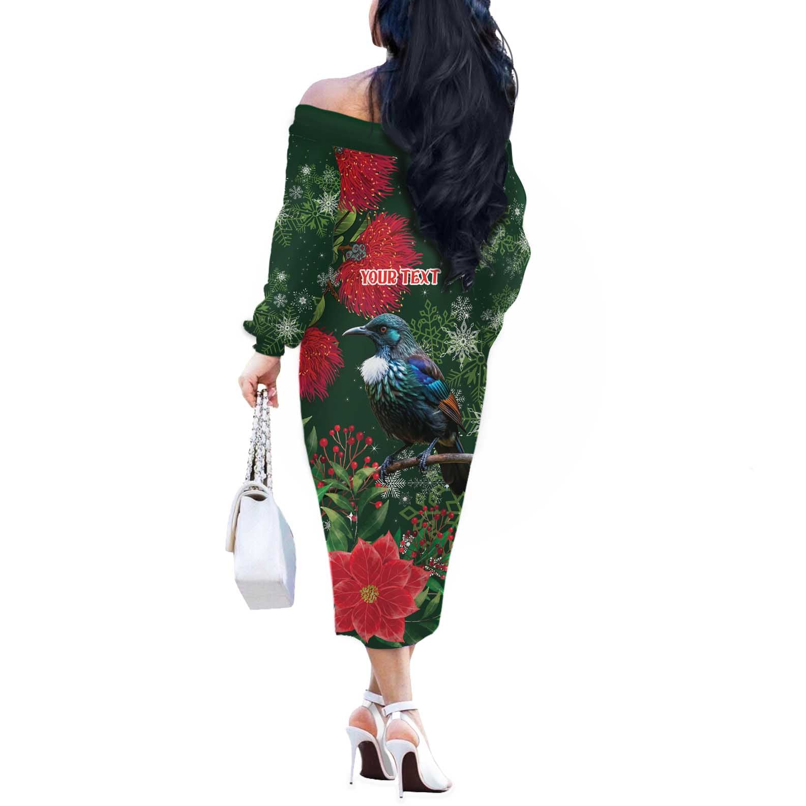 Tui Meri Kirihimete Personalised Off The Shoulder Long Sleeve Dress Pohutukawa Flowers Green Motif - Aussie Hoodie