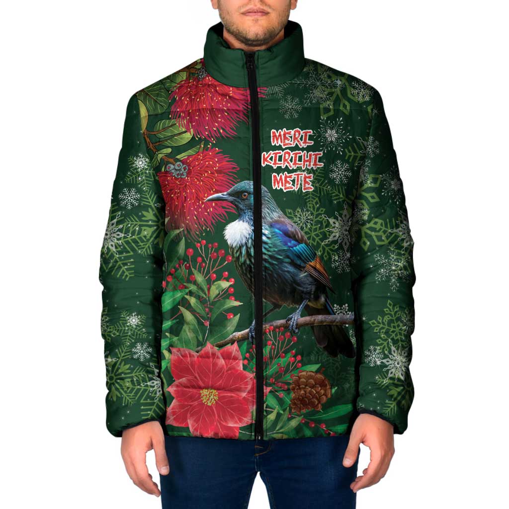 Tui Meri Kirihimete Personalised Padded Jacket Pohutukawa Flowers Green Motif - Aussie Hoodie