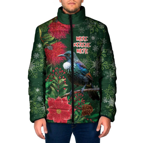 Tui Meri Kirihimete Personalised Padded Jacket Pohutukawa Flowers Green Motif - Aussie Hoodie