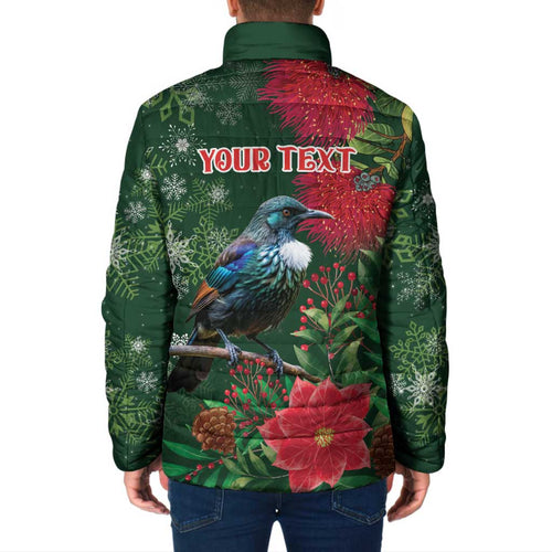 Tui Meri Kirihimete Personalised Padded Jacket Pohutukawa Flowers Green Motif - Aussie Hoodie