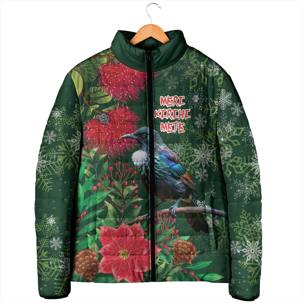 Tui Meri Kirihimete Personalised Padded Jacket Pohutukawa Flowers Green Motif - Aussie Hoodie