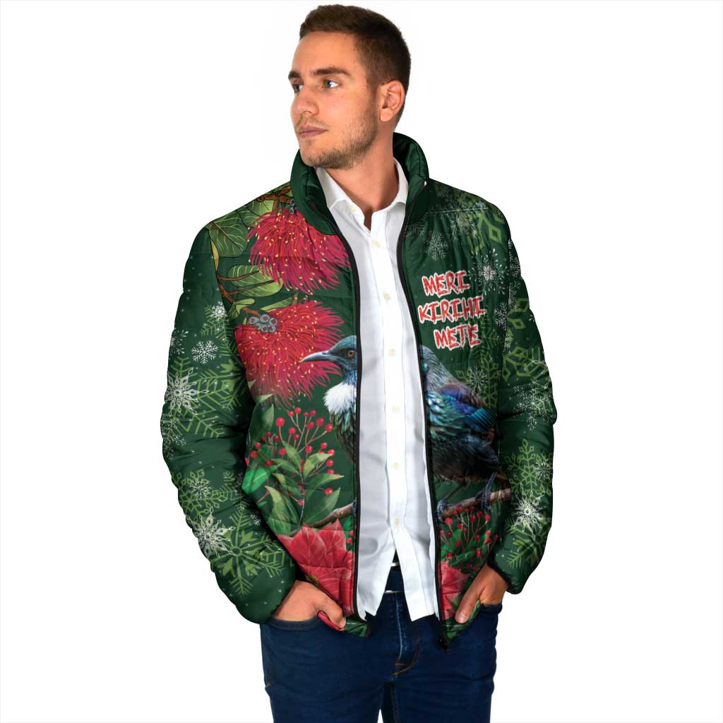 Tui Meri Kirihimete Personalised Padded Jacket Pohutukawa Flowers Green Motif - Aussie Hoodie