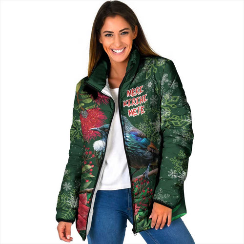 Tui Meri Kirihimete Personalised Padded Jacket Pohutukawa Flowers Green Motif - Aussie Hoodie