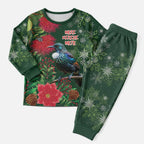 Tui Meri Kirihimete Personalised Christmas Pajama Set Pohutukawa Flowers Green Motif - Aussie Hoodie