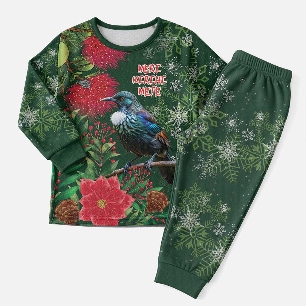 Tui Meri Kirihimete Personalised Christmas Pajama Set Pohutukawa Flowers Green Motif - Aussie Hoodie