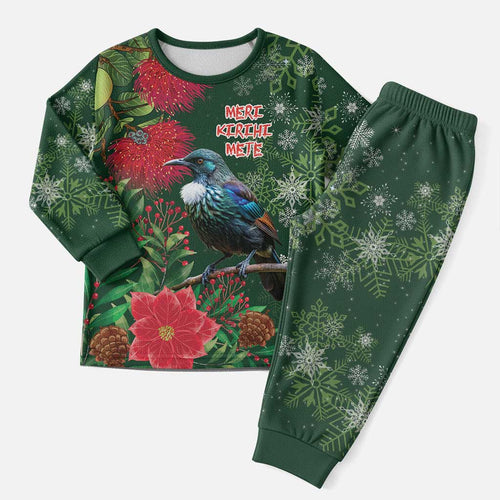 Tui Meri Kirihimete Personalised Christmas Pajama Set Pohutukawa Flowers Green Motif - Aussie Hoodie