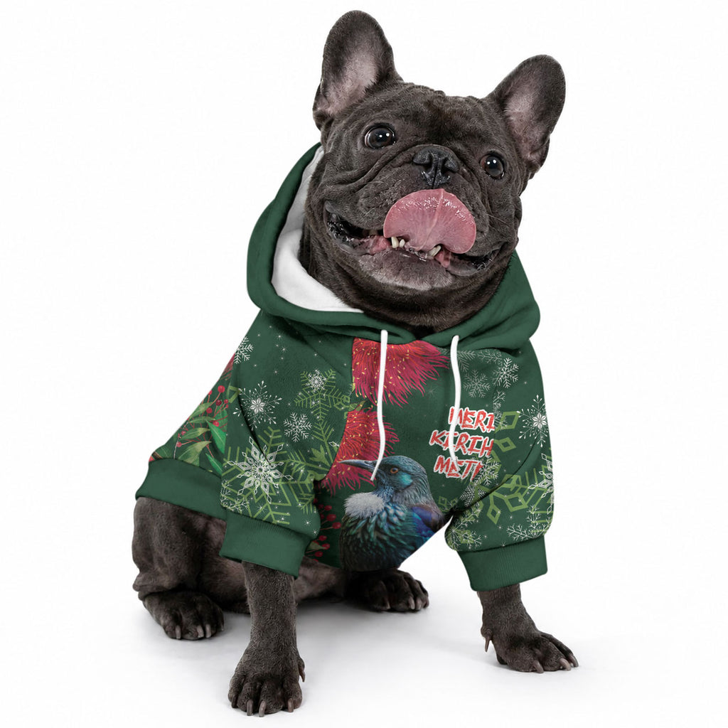 Tui Meri Kirihimete Personalised Pet Hoodie Pohutukawa Flowers Green Motif