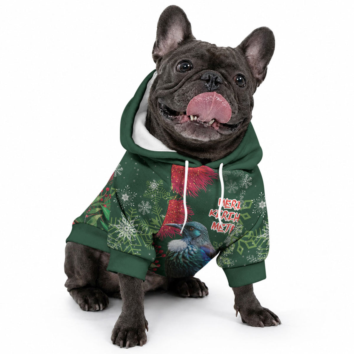 Tui Meri Kirihimete Personalised Pet Hoodie Pohutukawa Flowers Green Motif