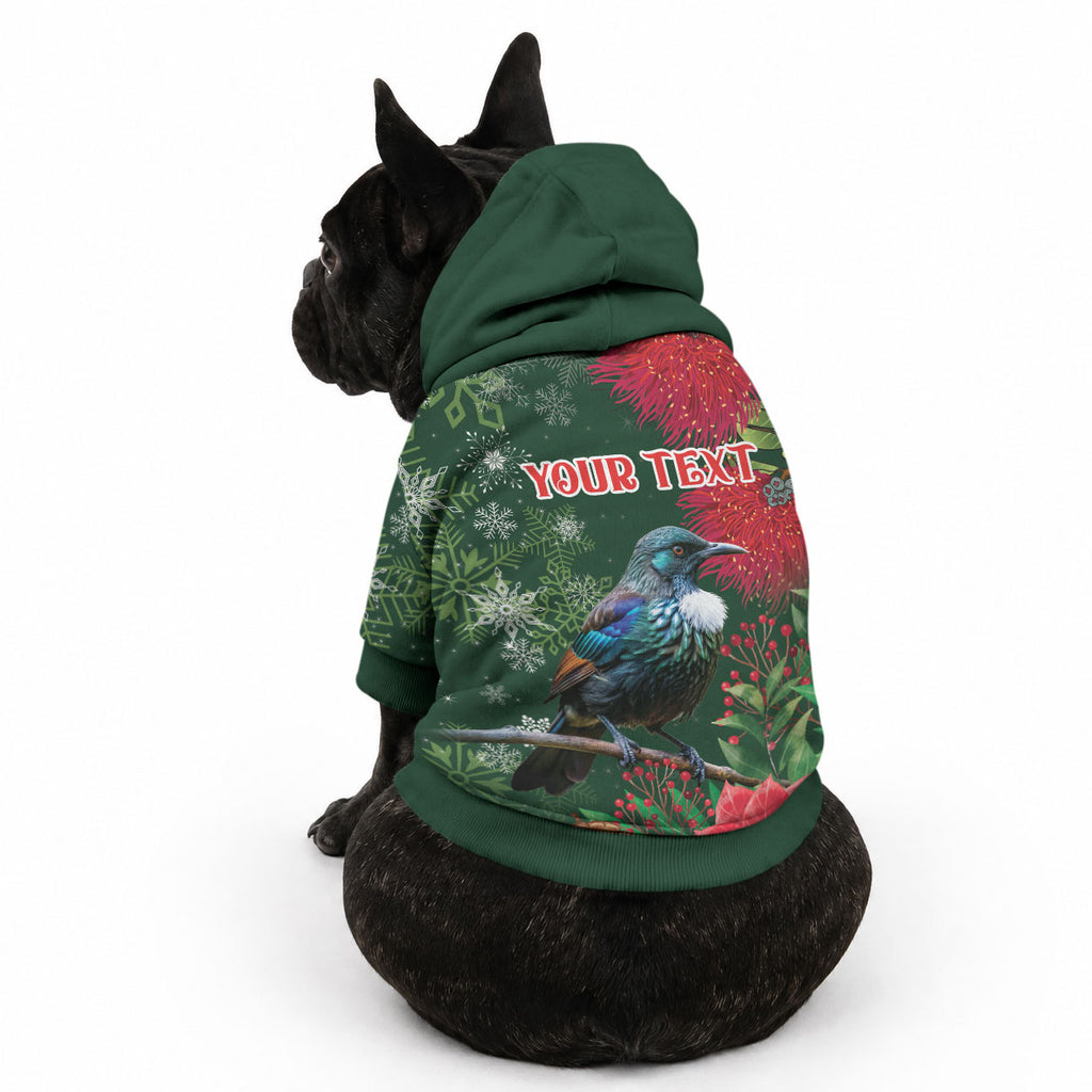 Tui Meri Kirihimete Personalised Pet Hoodie Pohutukawa Flowers Green Motif