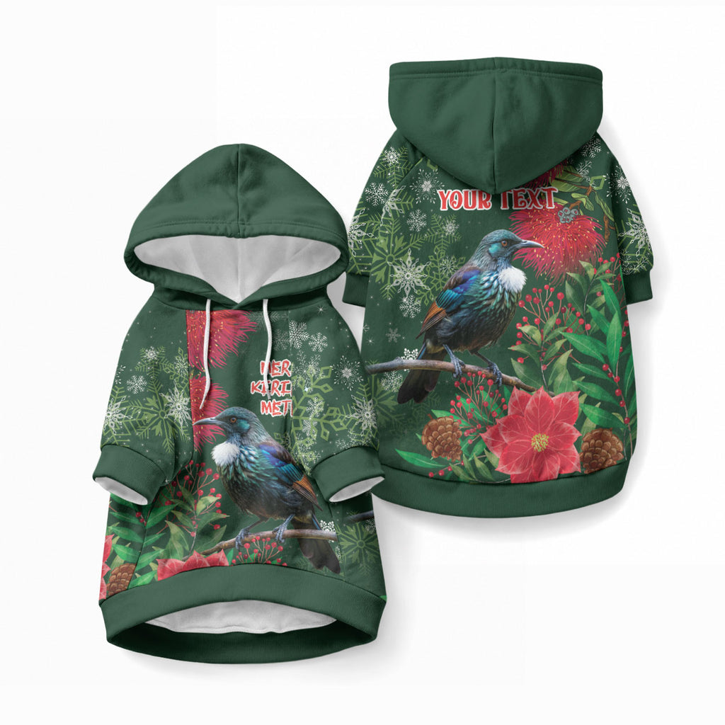 Tui Meri Kirihimete Personalised Pet Hoodie Pohutukawa Flowers Green Motif