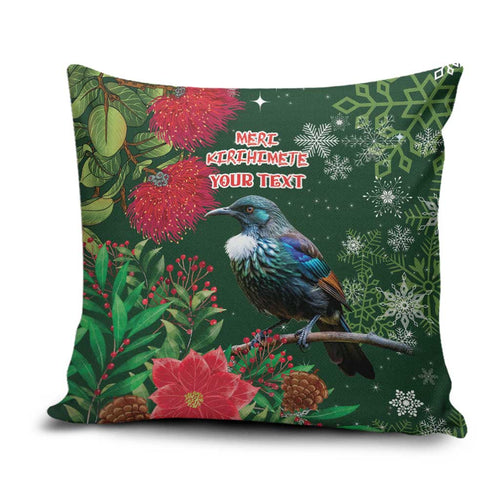 Tui Meri Kirihimete Personalised Pillow Cover Pohutukawa Flowers Green Motif - Aussie Hoodie