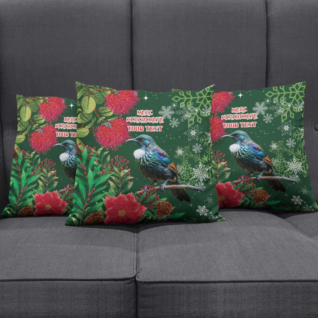 Tui Meri Kirihimete Personalised Pillow Cover Pohutukawa Flowers Green Motif - Aussie Hoodie