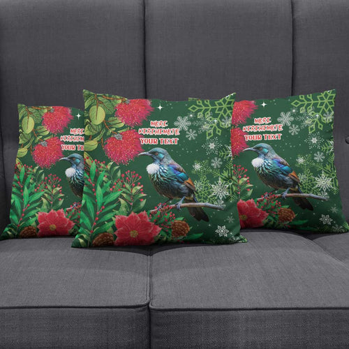 Tui Meri Kirihimete Personalised Pillow Cover Pohutukawa Flowers Green Motif - Aussie Hoodie