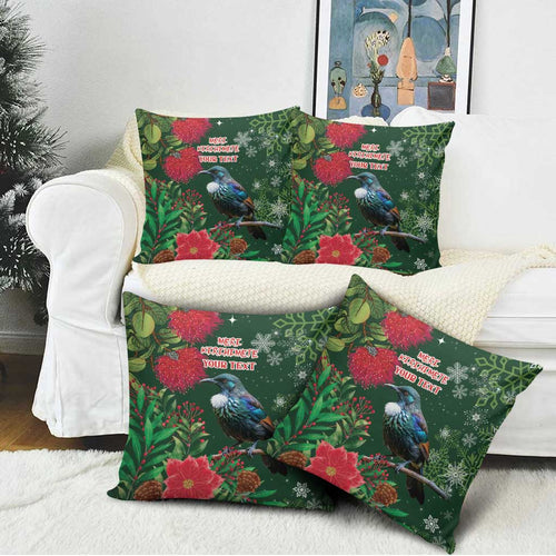 Tui Meri Kirihimete Personalised Pillow Cover Pohutukawa Flowers Green Motif - Aussie Hoodie
