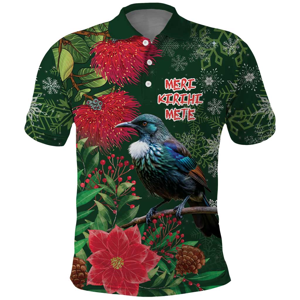 Tui Meri Kirihimete Personalised Polo Shirt Pohutukawa Flowers Green Motif - Aussie Hoodie