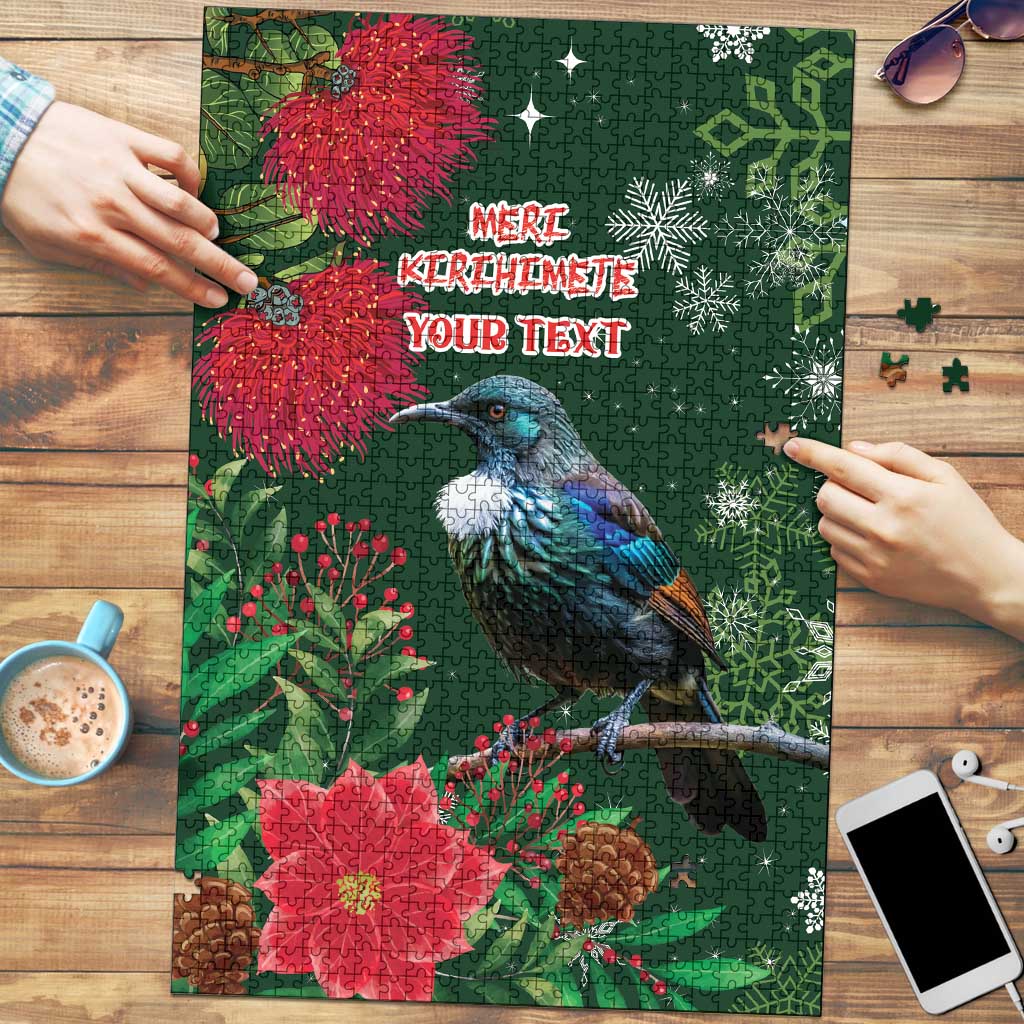 Tui Meri Kirihimete Personalised Puzzle Pohutukawa Flowers Green Motif - Aussie Hoodie