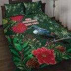 Tui Meri Kirihimete Personalised Quilt Bed Set Pohutukawa Flowers Green Motif - Aussie Hoodie
