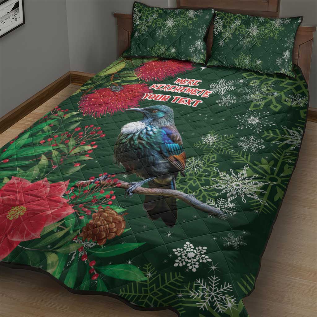 Tui Meri Kirihimete Personalised Quilt Bed Set Pohutukawa Flowers Green Motif - Aussie Hoodie