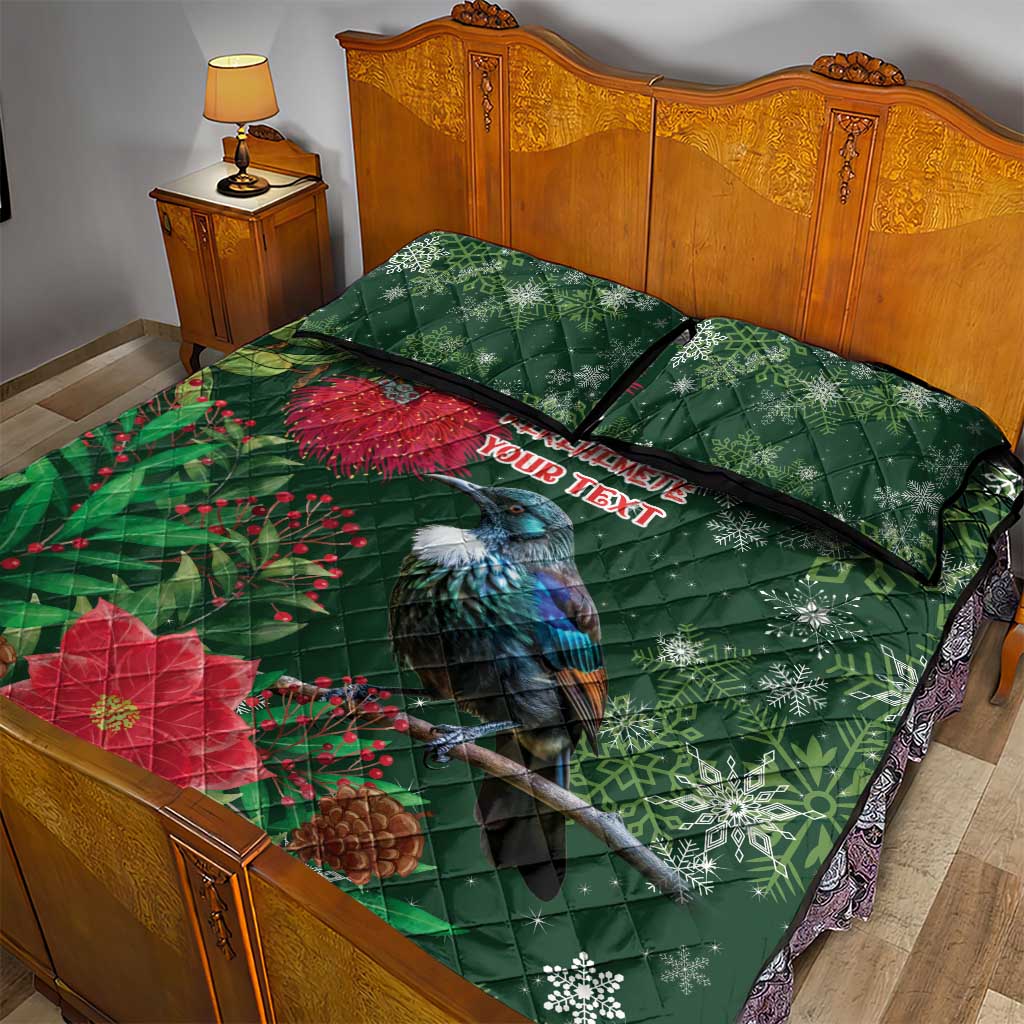 Tui Meri Kirihimete Personalised Quilt Bed Set Pohutukawa Flowers Green Motif - Aussie Hoodie