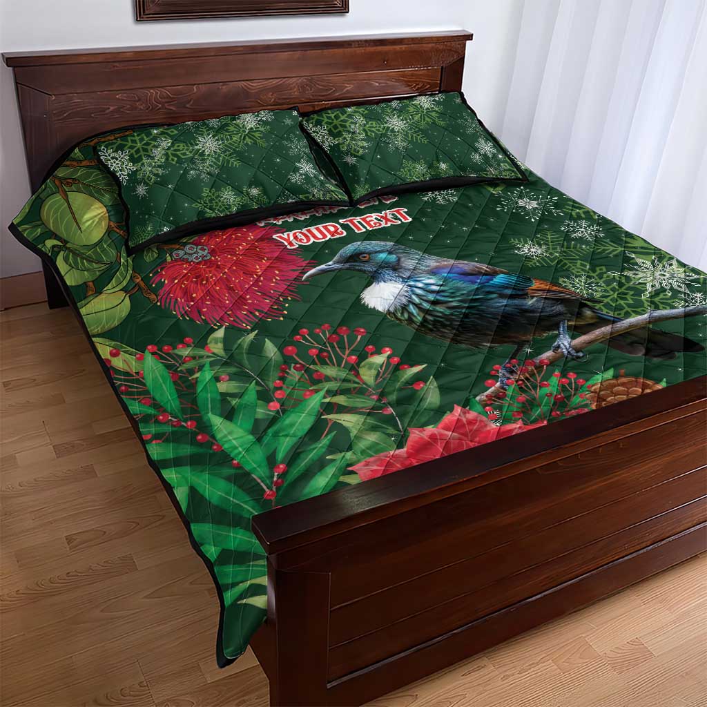 Tui Meri Kirihimete Personalised Quilt Bed Set Pohutukawa Flowers Green Motif - Aussie Hoodie