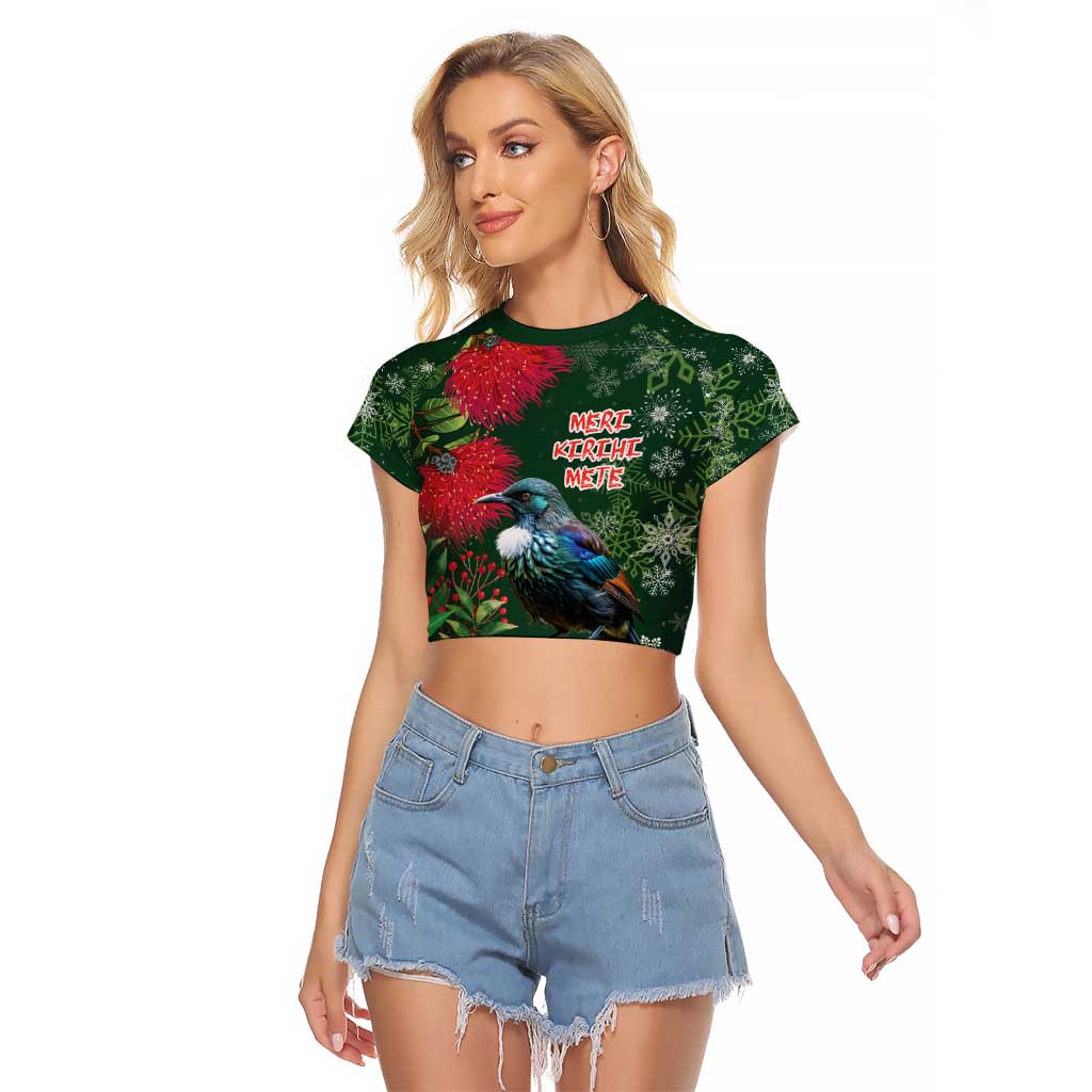Tui Meri Kirihimete Personalised Raglan Cropped T Shirt Pohutukawa Flowers Green Motif - Aussie Hoodie