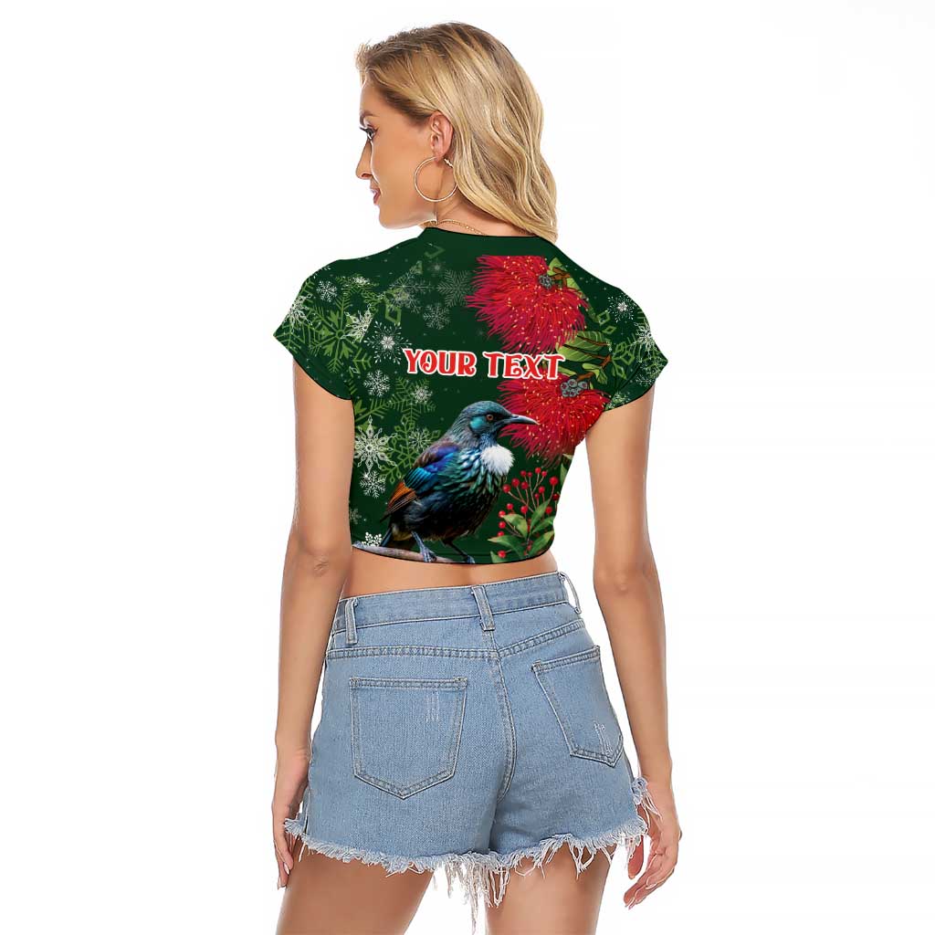 Tui Meri Kirihimete Personalised Raglan Cropped T Shirt Pohutukawa Flowers Green Motif - Aussie Hoodie