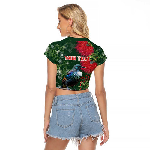 Tui Meri Kirihimete Personalised Raglan Cropped T Shirt Pohutukawa Flowers Green Motif - Aussie Hoodie