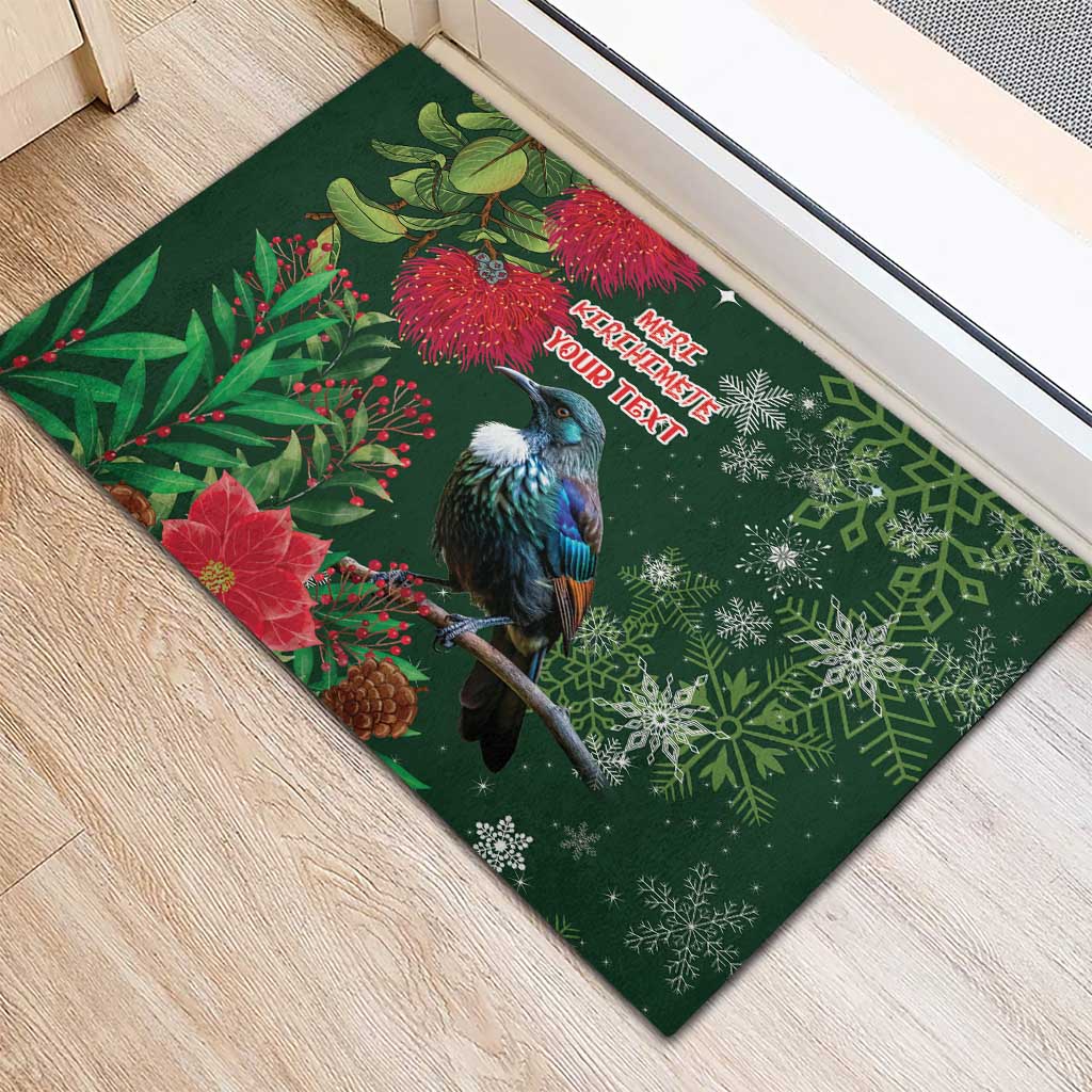 Tui Meri Kirihimete Personalised Rubber Doormat Pohutukawa Flowers Green Motif - Aussie Hoodie