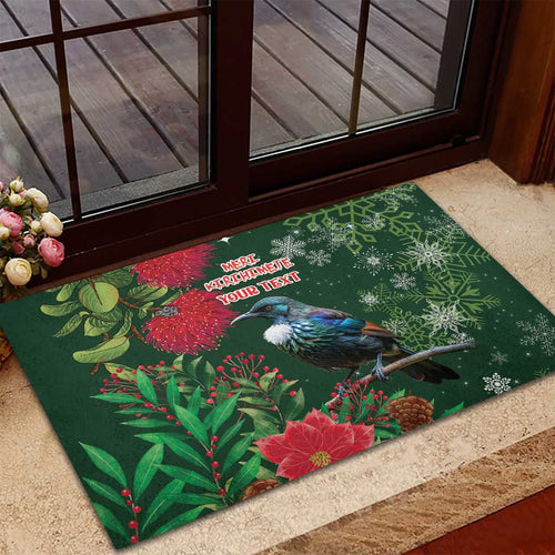 Tui Meri Kirihimete Personalised Rubber Doormat Pohutukawa Flowers Green Motif - Aussie Hoodie