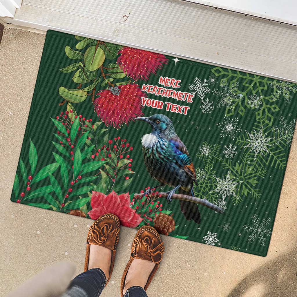 Tui Meri Kirihimete Personalised Rubber Doormat Pohutukawa Flowers Green Motif - Aussie Hoodie