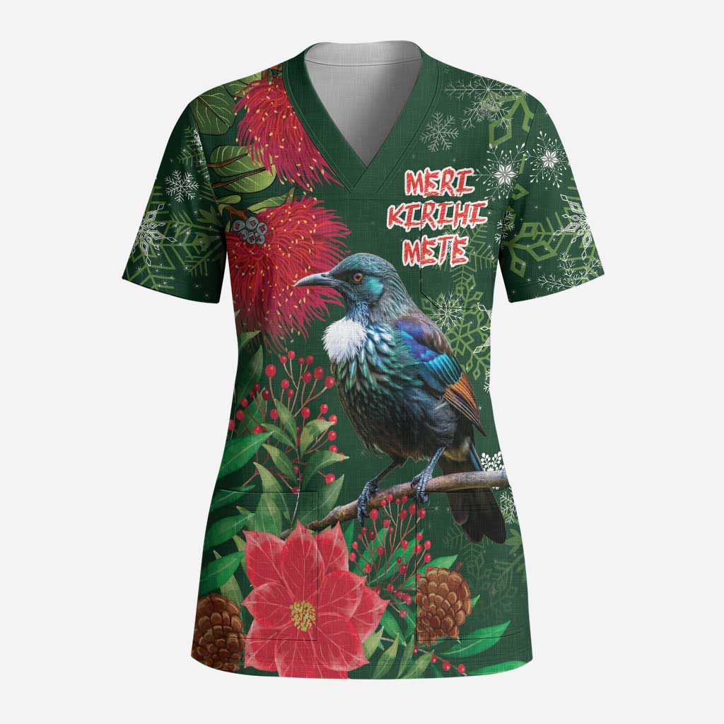 Tui Meri Kirihimete Personalised Scrub Top Pohutukawa Flowers Green Motif - Aussie Hoodie